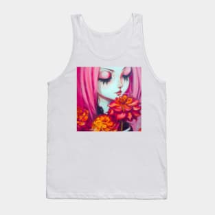 Pink Haired Girl with Dahlia Flowers Tank Top